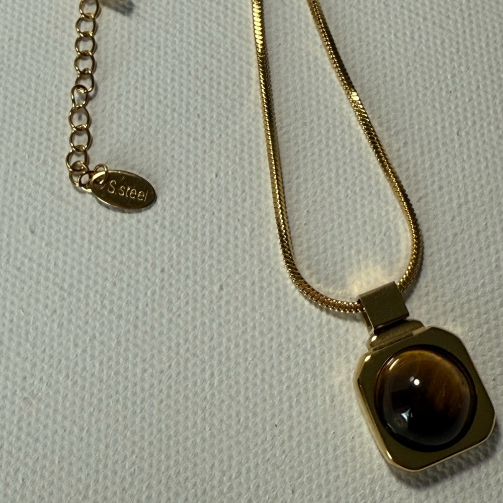 Natural Tiger Stone Square Pendant Necklace - Picture 10 of 13